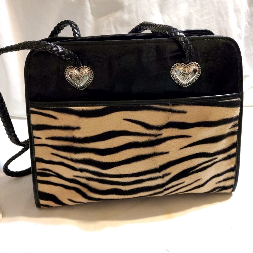 Marc Chantal Purse Faux Tiger Fur on one side Leather Silver color  heart ascent